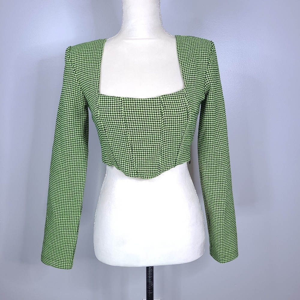 Zara Neon Green Black Houndstooth Cropped Long Sleeve Corset Boning Top Small